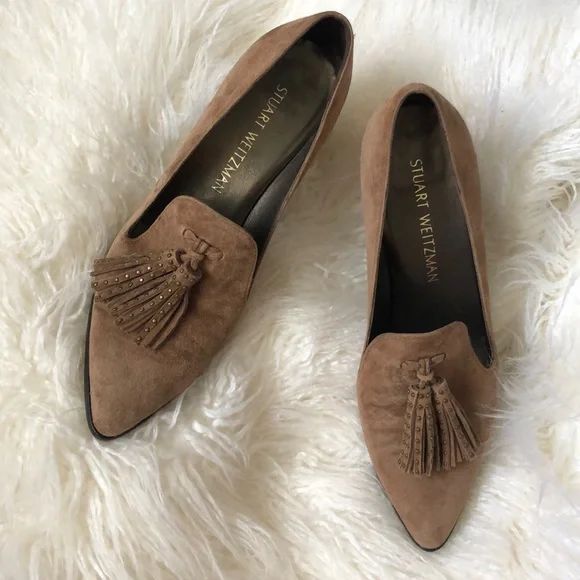 Stuart Weitzman Broom Brown Tassel Suede Block Heel Pumps - Picture 2 of 10
